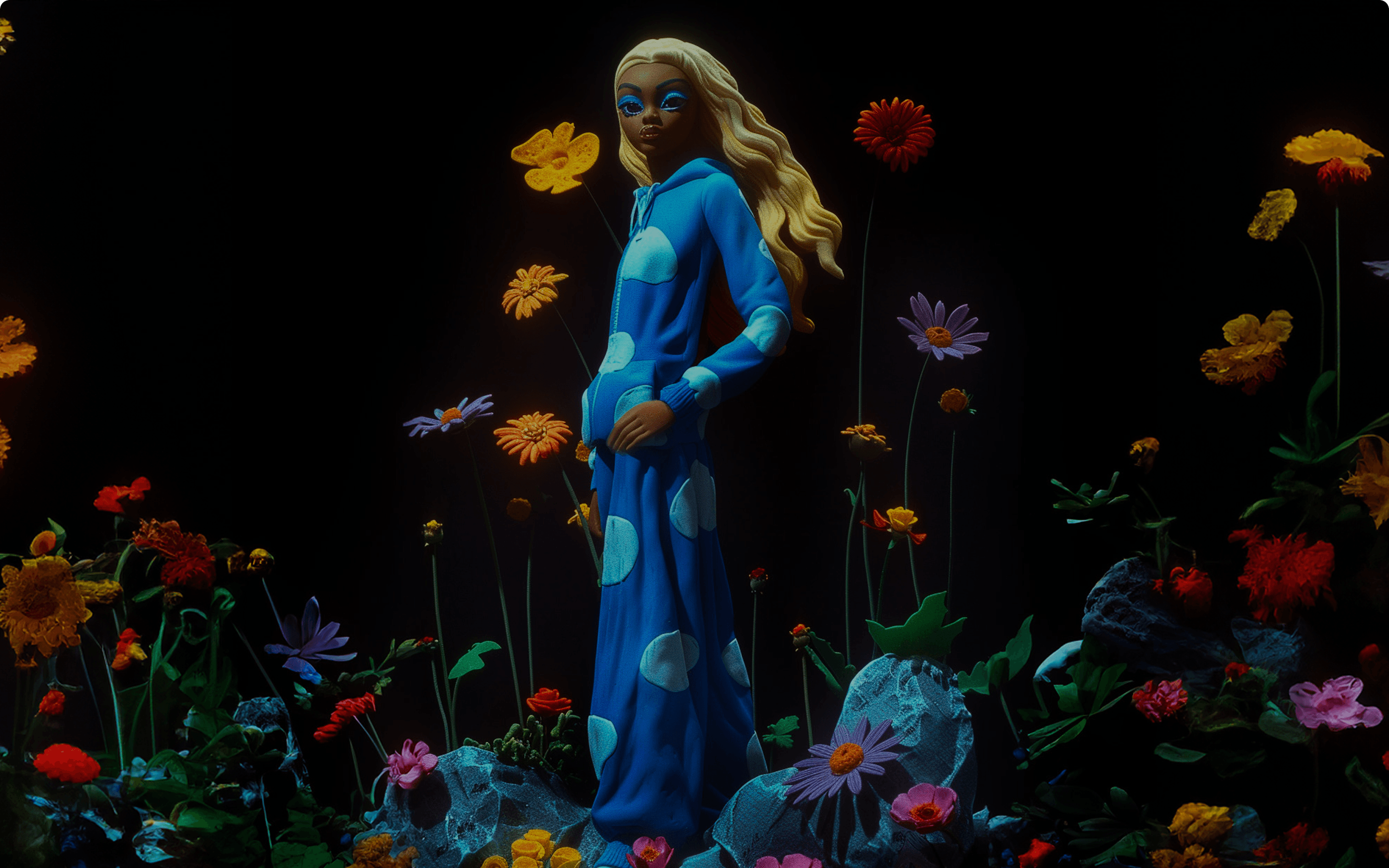 A fashion doll with long blonde hair in a blue polka-dot hoodie stands among vibrant flowers against a dark background.