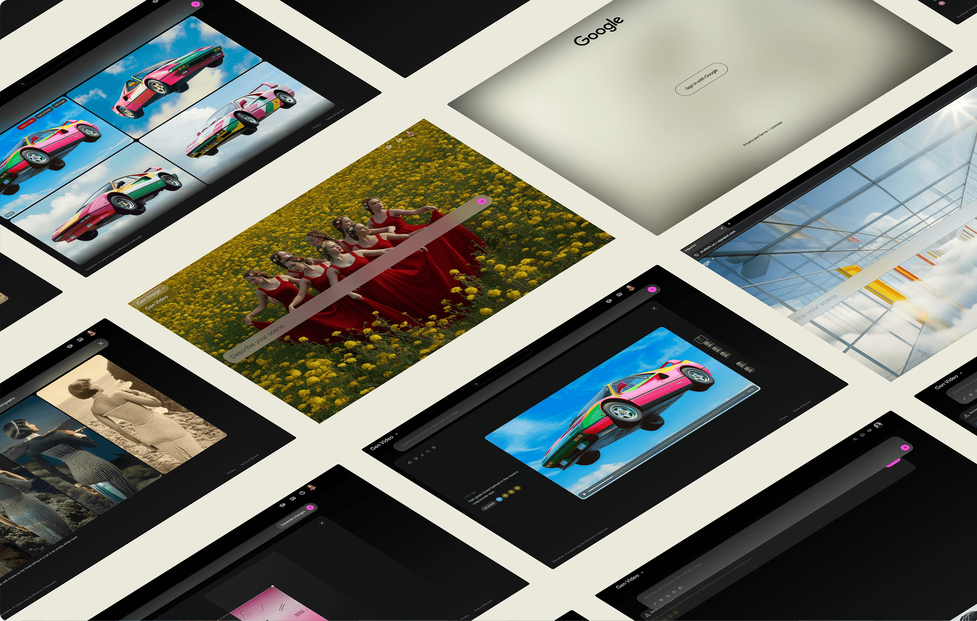 Collage of tilted tablet screens showing cars, red-dress dancers in a yellow field, Google login, and modern interiors on a light beige background.