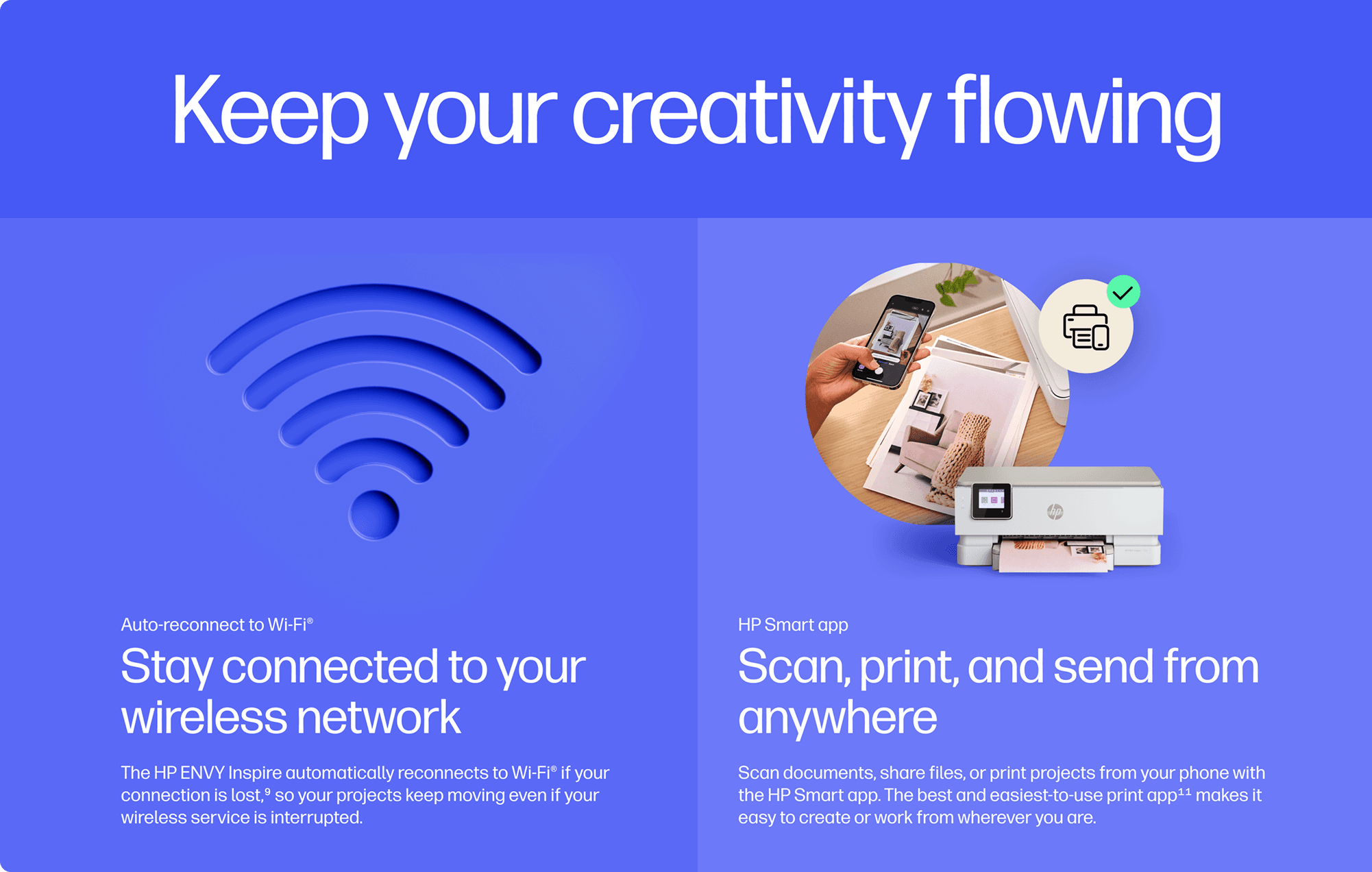 Blue banner split layout: left shows a large Wi‑Fi icon and text about staying connected; right features a hand with a phone over photos beside an HP printer with a check-mark badge.