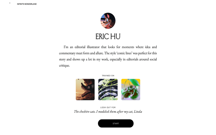 Minimal white portfolio for Eric Hu with circular avatar, name, bio, three thumbnails, Cheshire cats caption about Linda, and a Start button.