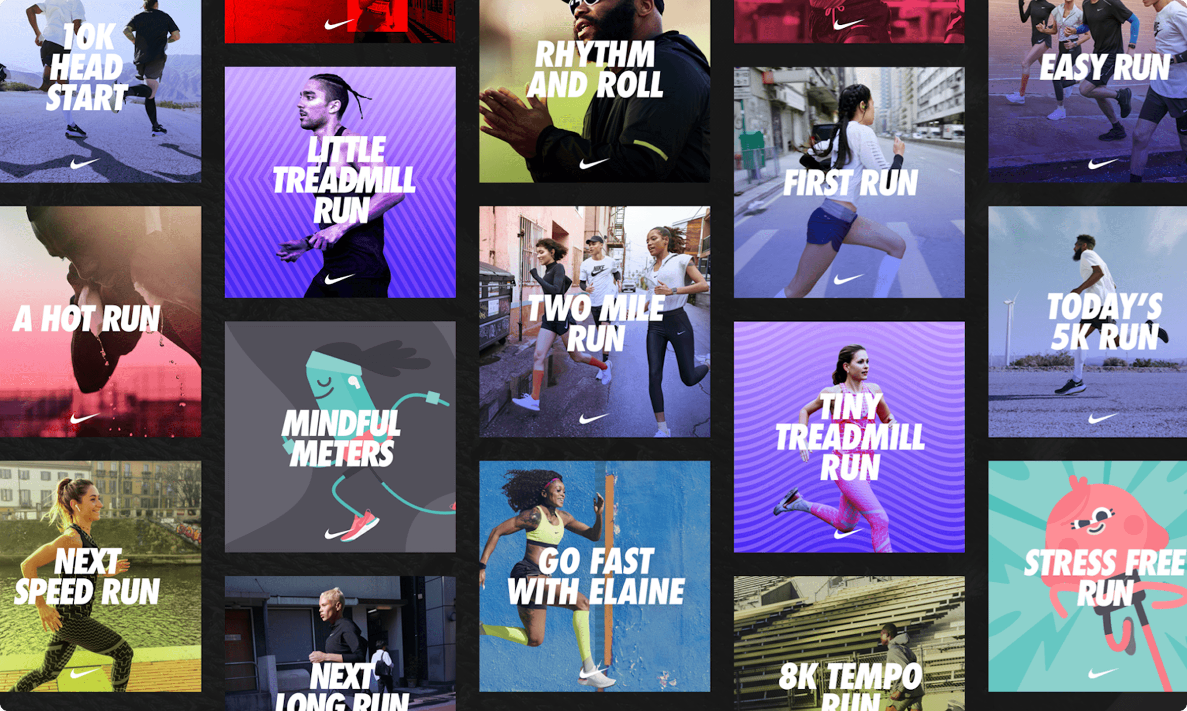 A large grid of square and rectangular tiles, each representing a different guided run or training program from Nike. The tiles feature dynamic images of runners, abstract illustrations, and bold text titles such as "10K HEAD START," "RHYTHM AND ROLL," "EASY RUN," "A HOT RUN," "LITTLE TREADMILL RUN," "TWO MILE RUN," "TODAY'S 5K RUN," "MINDFUL METERS," "TINY TREADMILL RUN," "NEXT SPEED RUN," "GO FAST WITH ELAINE," and "STRESS FREE RUN." A Nike swoosh logo is visible on many tiles.