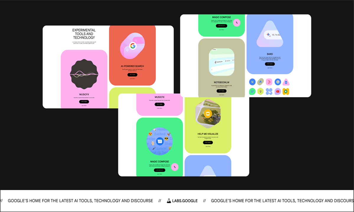 Three overlapping white rounded panels on a black background display colorful app mockups with labels and icons, plus a bottom scrolling ticker.