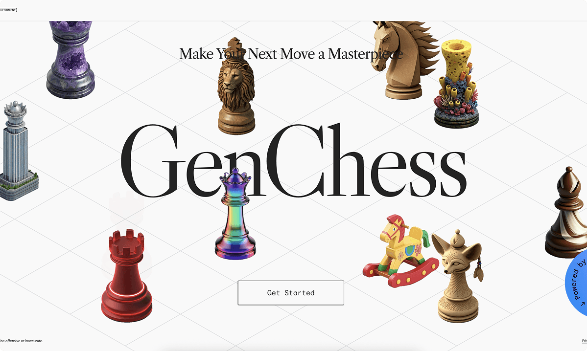 GenChess logo with colorful 3D chess pieces on a white grid, slogan 'Make Your Next Move a Masterpiece' and a Get Started button.
