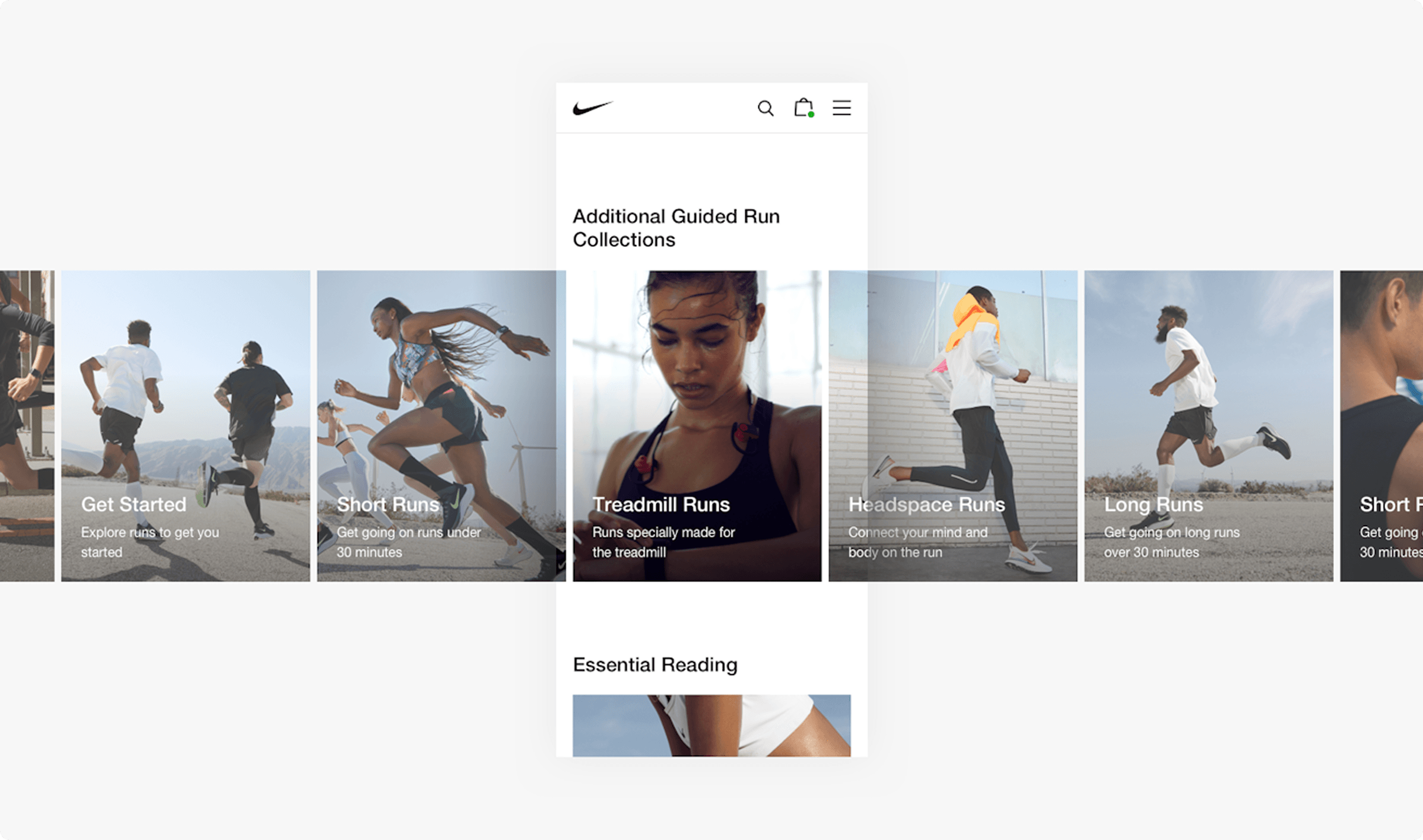 A screenshot of a Nike website or app interface displaying "Additional Guided Run Collections." The top section features a horizontal scroll of categories with images of runners, including "Get Started," "Short Runs," "Treadmill Runs," "Headspace Runs," and "Long Runs," each with a brief description. Below this, a section titled "Essential Reading" is partially visible. The Nike swoosh logo and navigation icons are at the top.