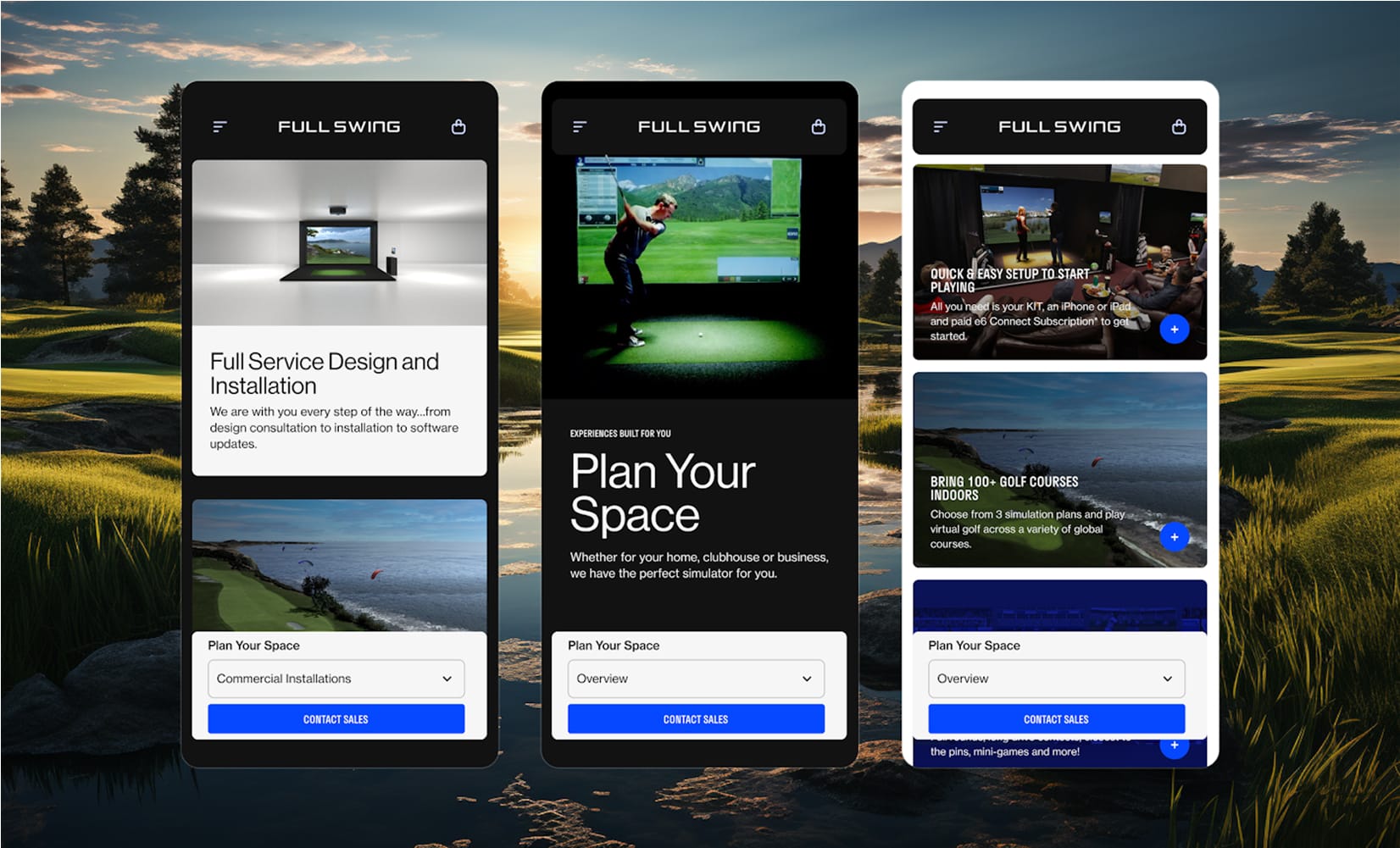 Three smartphone screens showing the Full Swing app with golf content, set against a sunset-lit golf course landscape.
