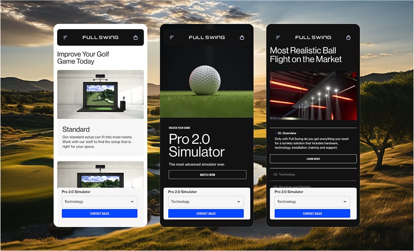 Three smartphone screens on a sunset golf course background show a golf-simulation app Full Swing with Pro 2.0 Simulator and ball-flight features.