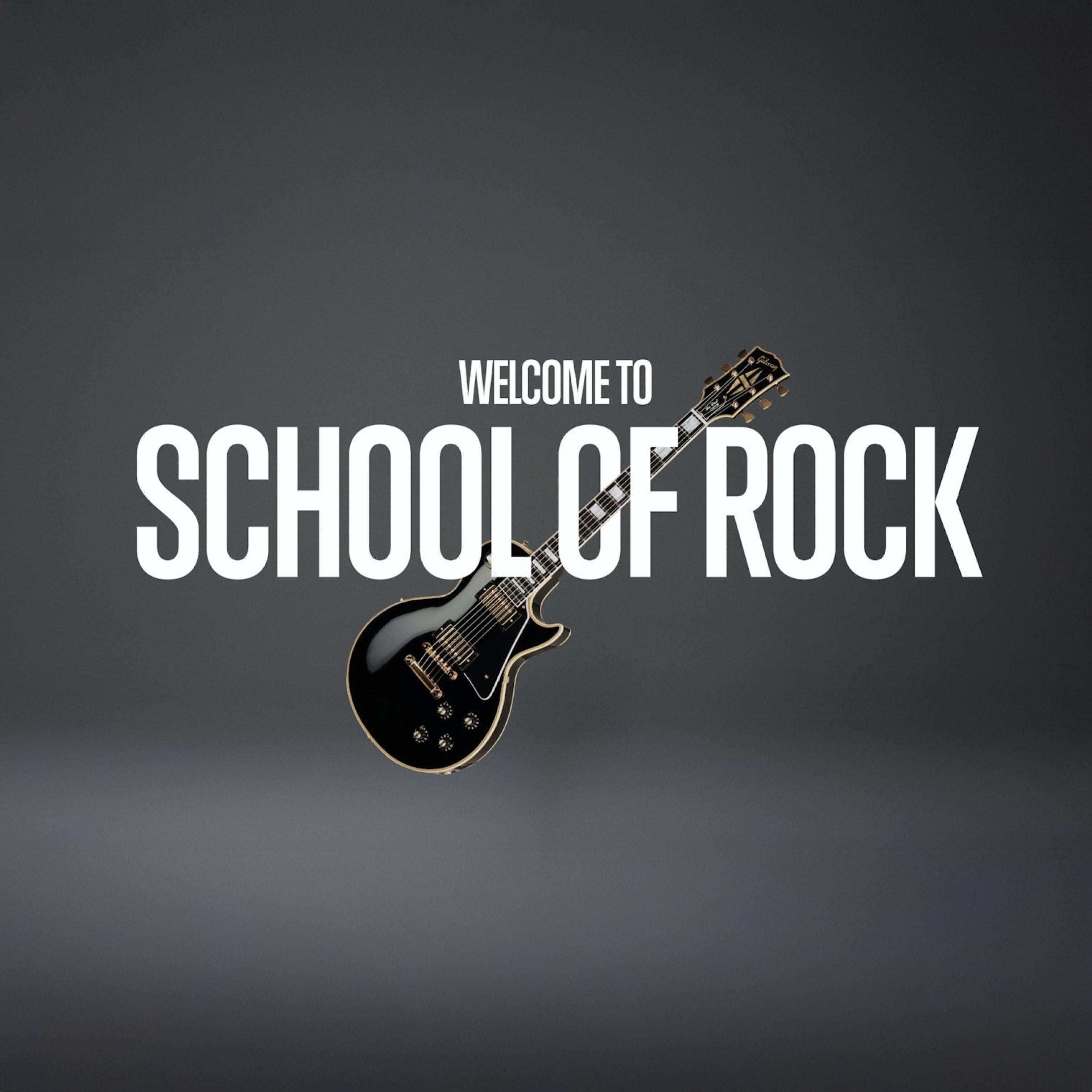 Dark gray gradient background with large white text 'SCHOOL OF ROCK' and a black electric guitar crossing diagonally through the typography.