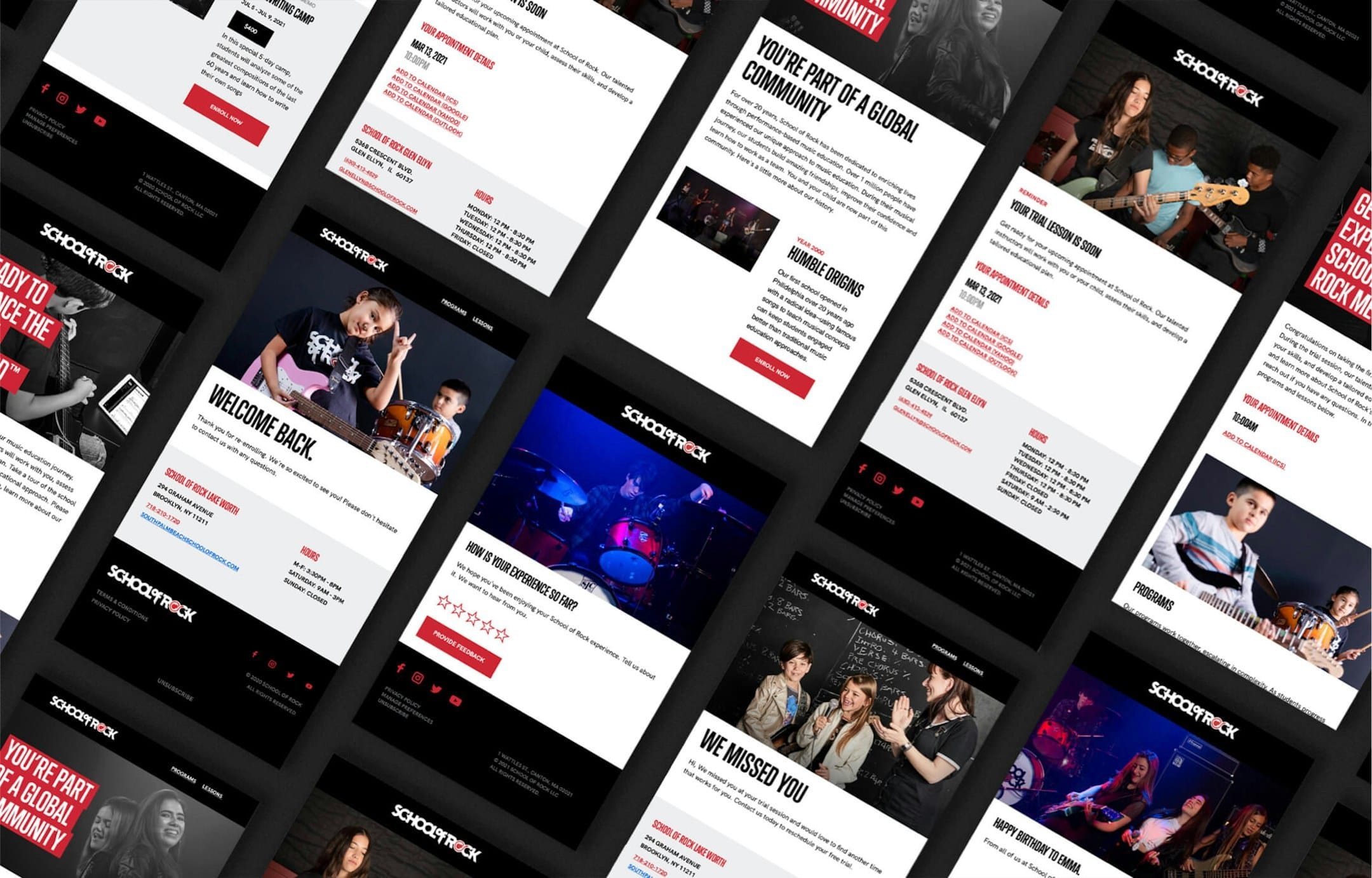 Collage of School of Rock web pages and posters featuring students playing instruments, with black headers, white content sections, and red accents.