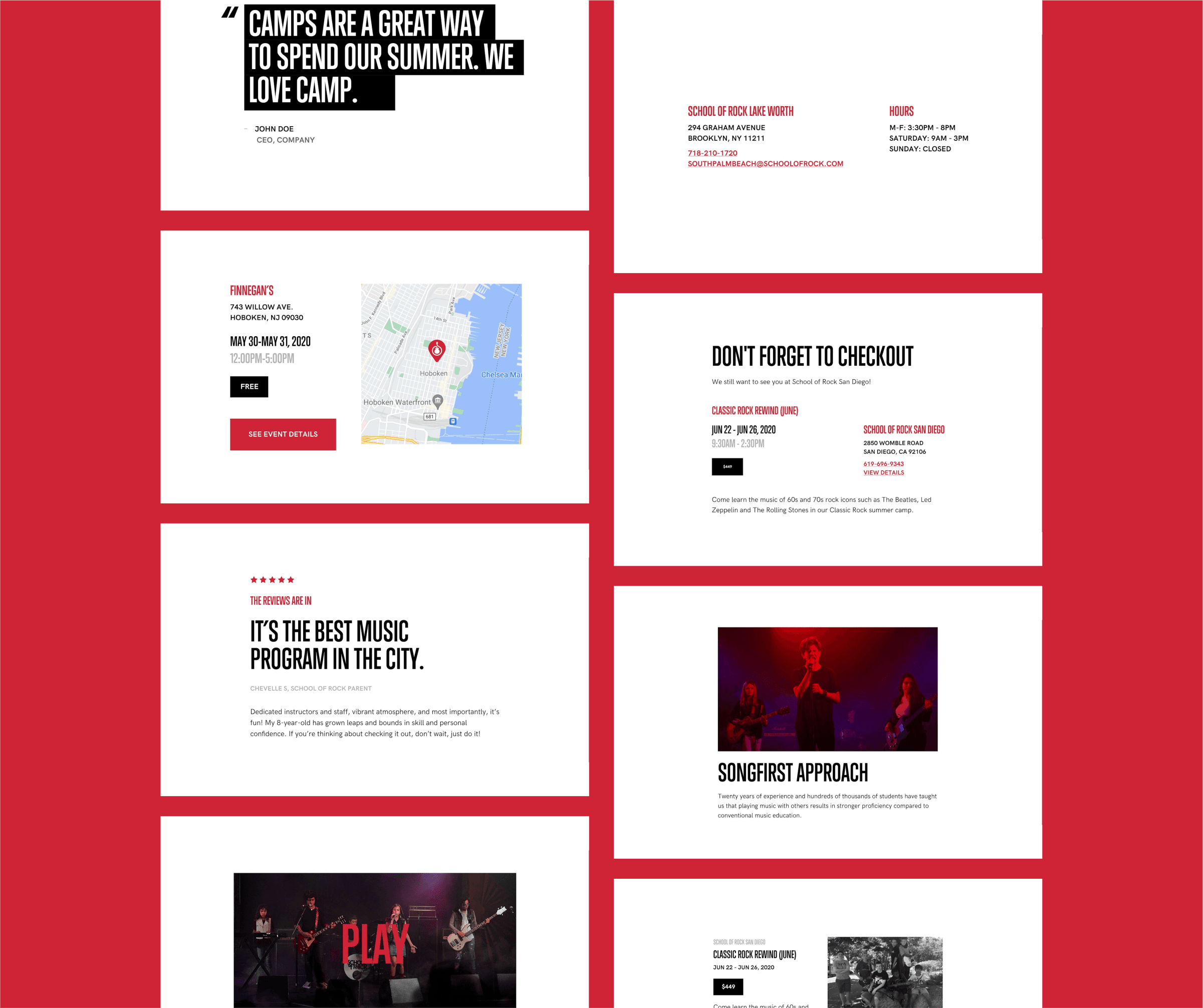 Red page with white cards in a two-column grid showing camp quotes, venue details, a map, schedules, and band photos.