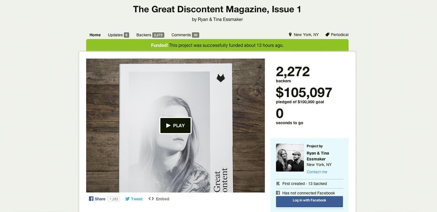 The Great Discontent Magazine Issue 1 crowdfunding page with a large grayscale portrait on wood, a Play button overlay, and a right sidebar showing backers and funds.
