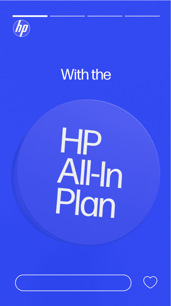 Blue gradient screen featuring the HP logo in the top left, the words 'With the', a circular badge that reads 'HP All-In Plan', and a rounded bottom bar with a heart icon.