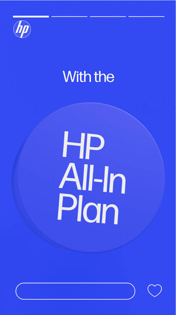 Blue HP promo screen with HP logo top left, 'With the' text, a large circle reading 'HP All-In Plan', and a rounded button with a heart at the bottom.