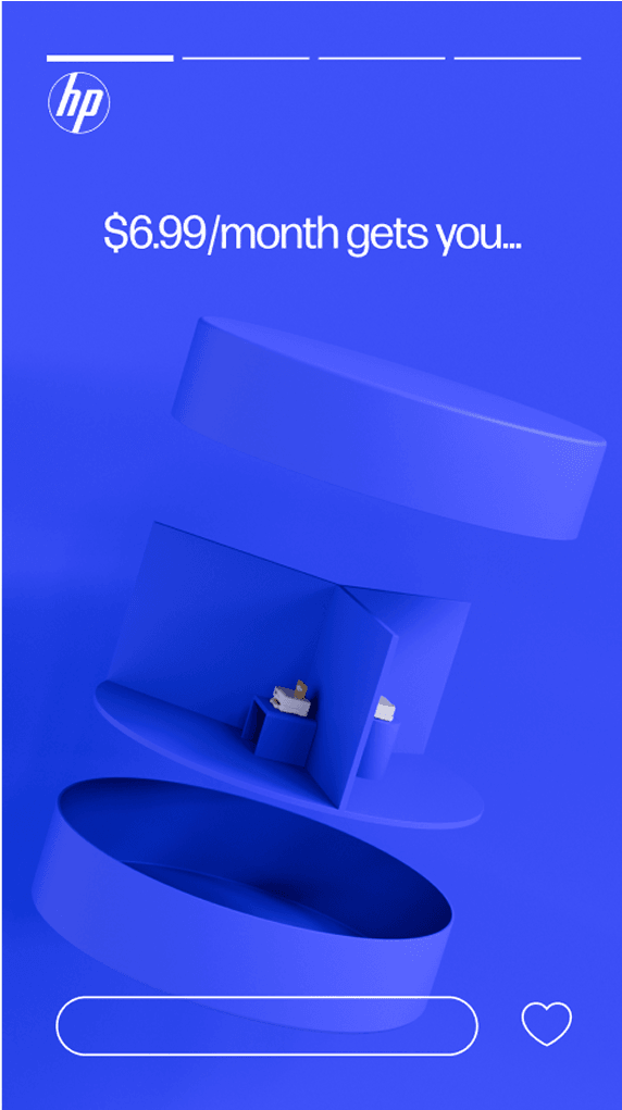 Blue HP promo image showing the HP logo, text "$6.99/month gets you...," stacked tilted blue cylinders with small boxes inside, and a white rounded bar with a heart outline at the bottom.