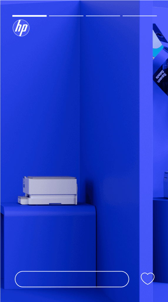 Bright blue interior with a white HP printer on a blue counter, HP logo on the wall, and a blue display shelf to the right.