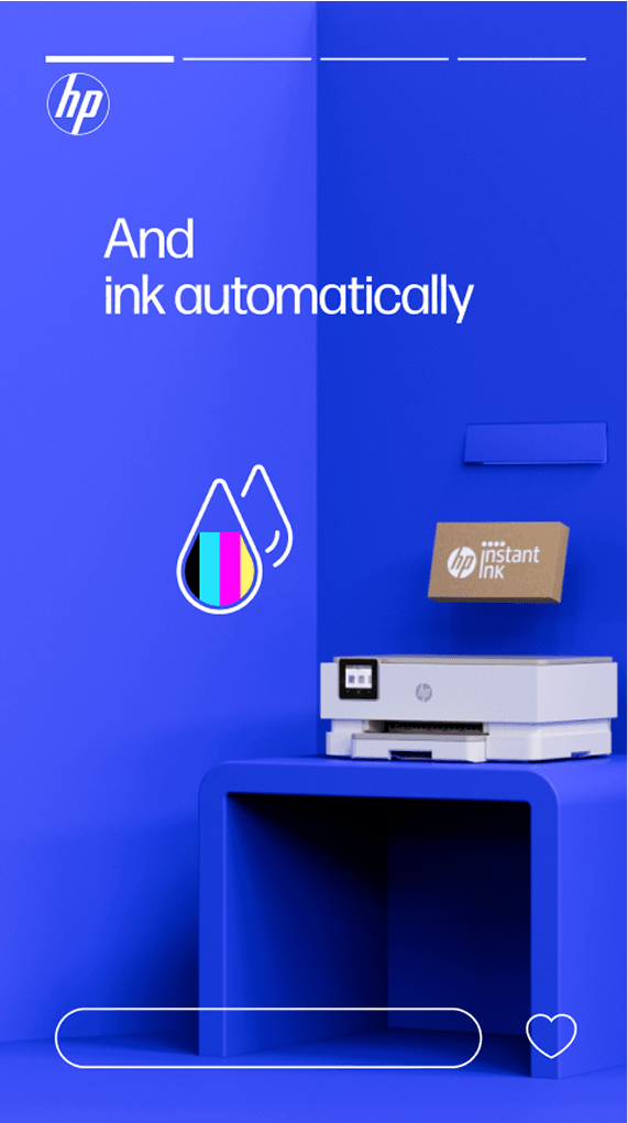 Blue HP display with the slogan "And ink automatically," a colorful ink-drop logo, an HP Instant Ink box, and a white printer on a blue desk.