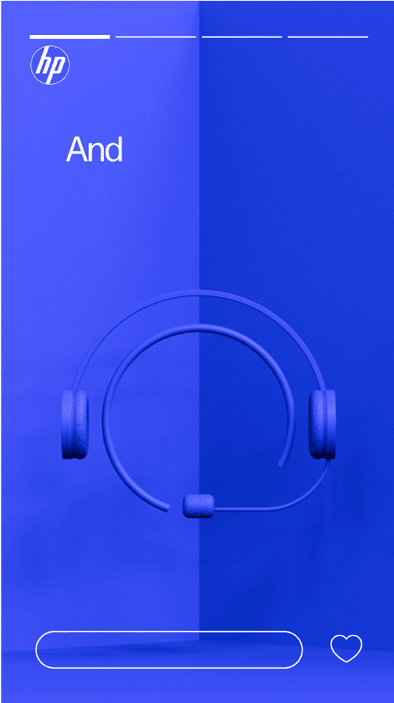 Blue HP banner with a minimalist headset, white HP logo, the word And, thin white top lines, and a rounded outline button with a heart icon.