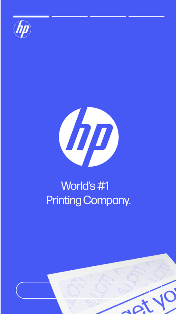 Blue HP ad with a white HP circle logo and the slogan "World's #1 Printing Company," plus a tilted white-ticket graphic at the bottom.