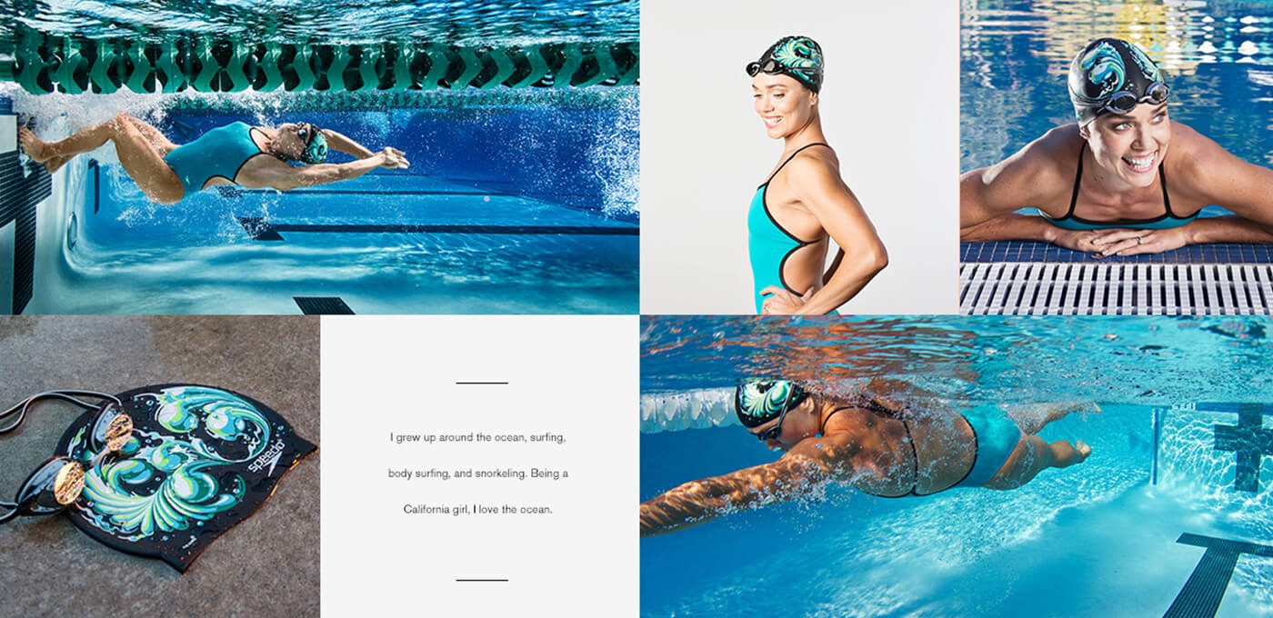 A collage featuring swimmers: underwater freestyle shots, a posed swimmer in turquoise, a smiling poolside swimmer, a decorative swim cap, and a central quote panel.