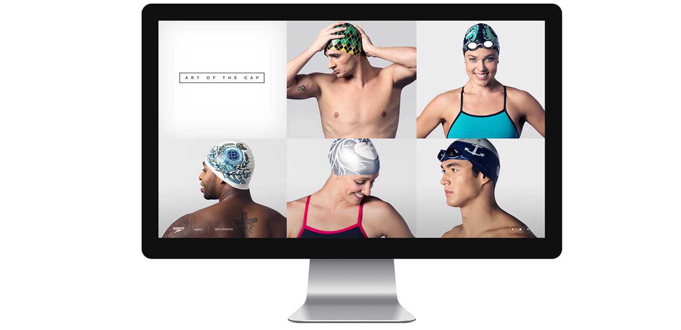A computer monitor shows a six-image collage of swimmers wearing swim caps in varied poses and cap styles.