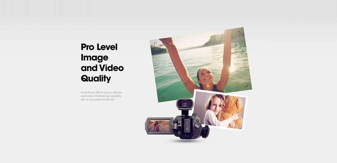 Light background with bold Pro Level Image and Video Quality; camera on the right with tilted photos: person by water and child with a teddy bear.