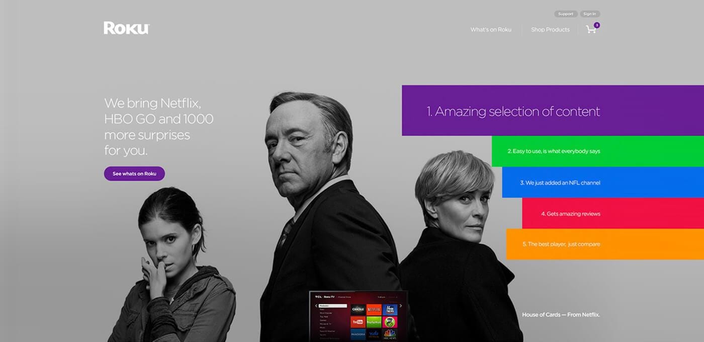 Grayscale Roku promo with three people against a gray gradient; a purple CTA button on the left and multicolored horizontal feature bars on the right.