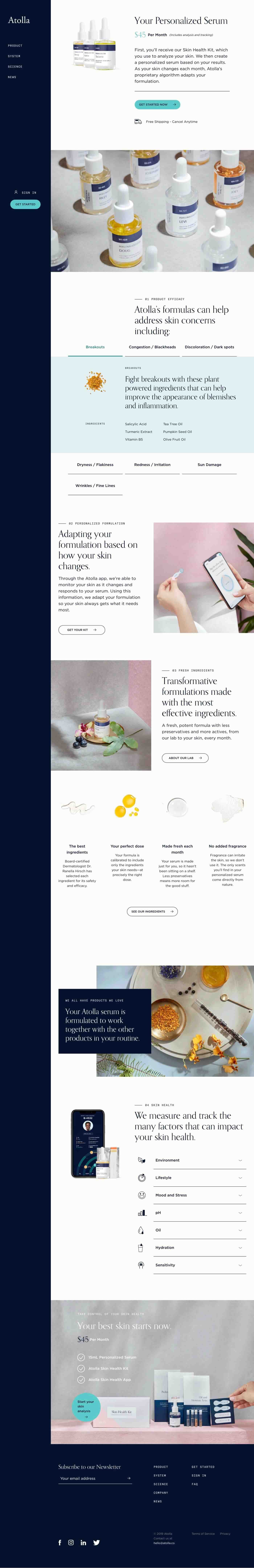 Tall Atolla skincare webpage with a dark navy left sidebar, rows of serum bottles, and sections about personalized formulas and ingredients.