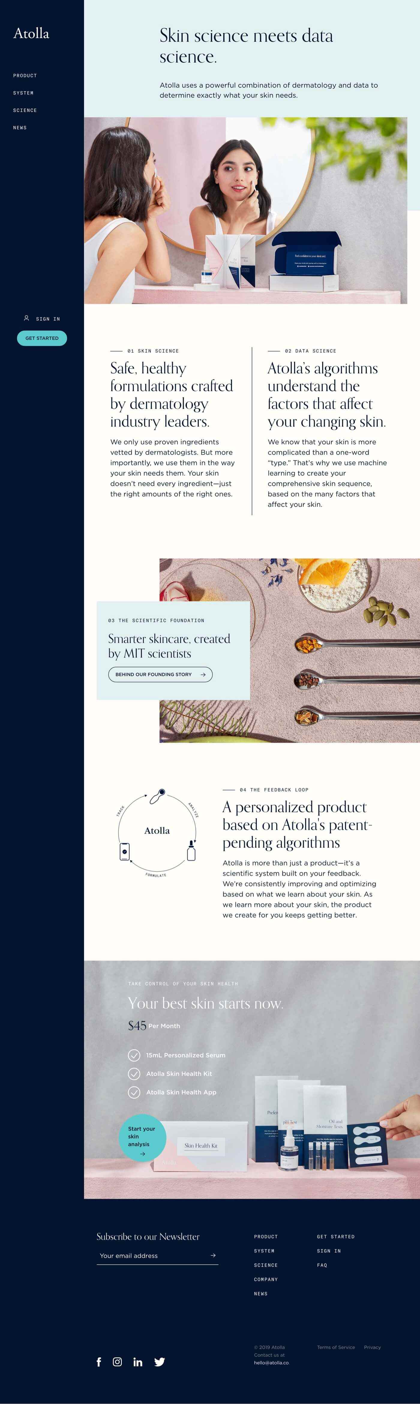 Vertical Atolla skincare webpage mockup featuring a dark left navigation, a person at a vanity mirror with products, and white content sections about skin science and products.