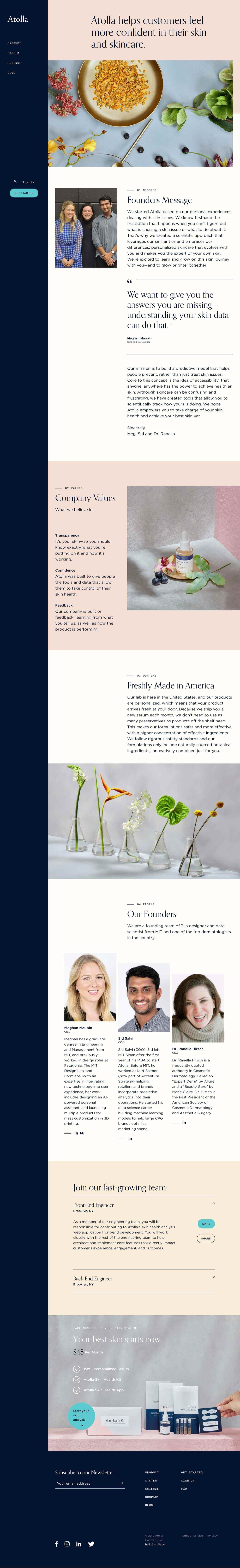 Tall Atolla skincare webpage mockup: navy left navigation, hero with botanicals, founder message, values, product imagery, team photos, and footer.