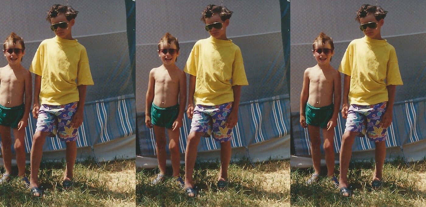 Three-panel photo of two children standing on grass by a blue striped pool barrier; one shirtless in green swim trunks, the other in a yellow T-shirt and colorful trunks, both wearing sunglasses.