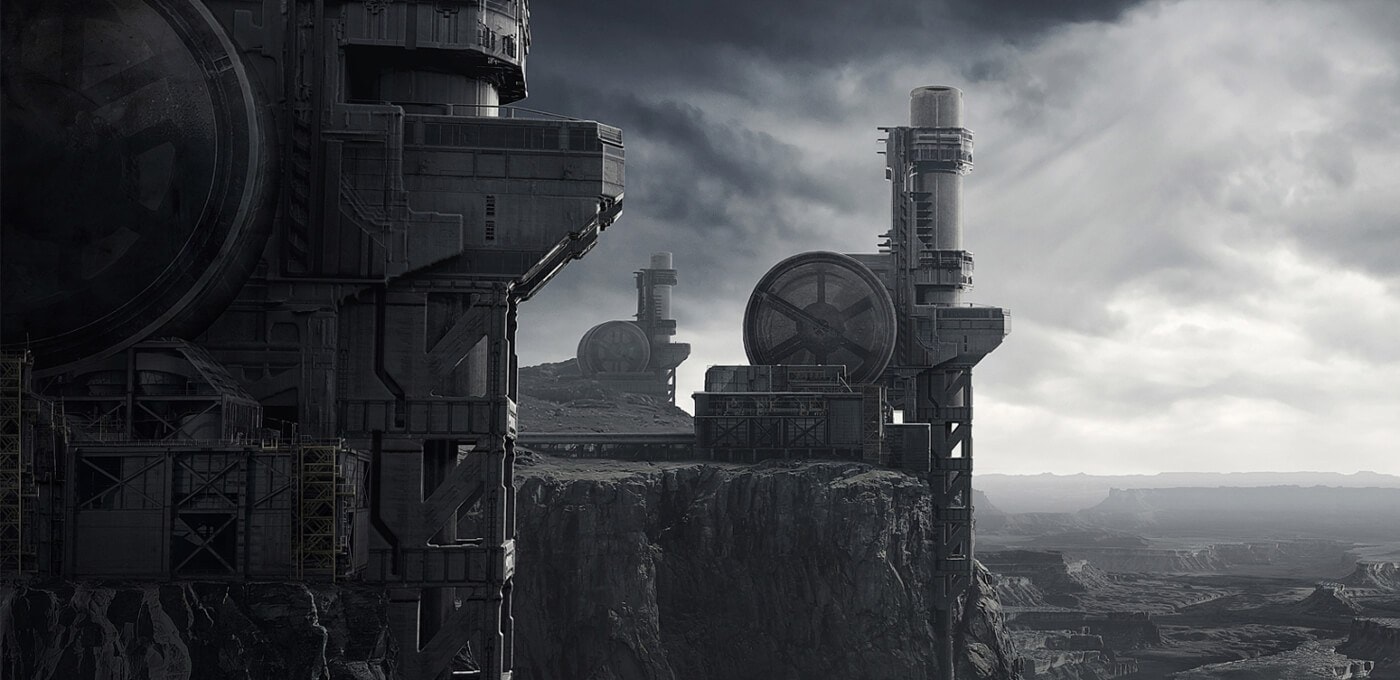 Industrial sci-fi complex perched on a rocky cliff under a stormy sky, featuring large circular turbines and towering, weathered metal structures.