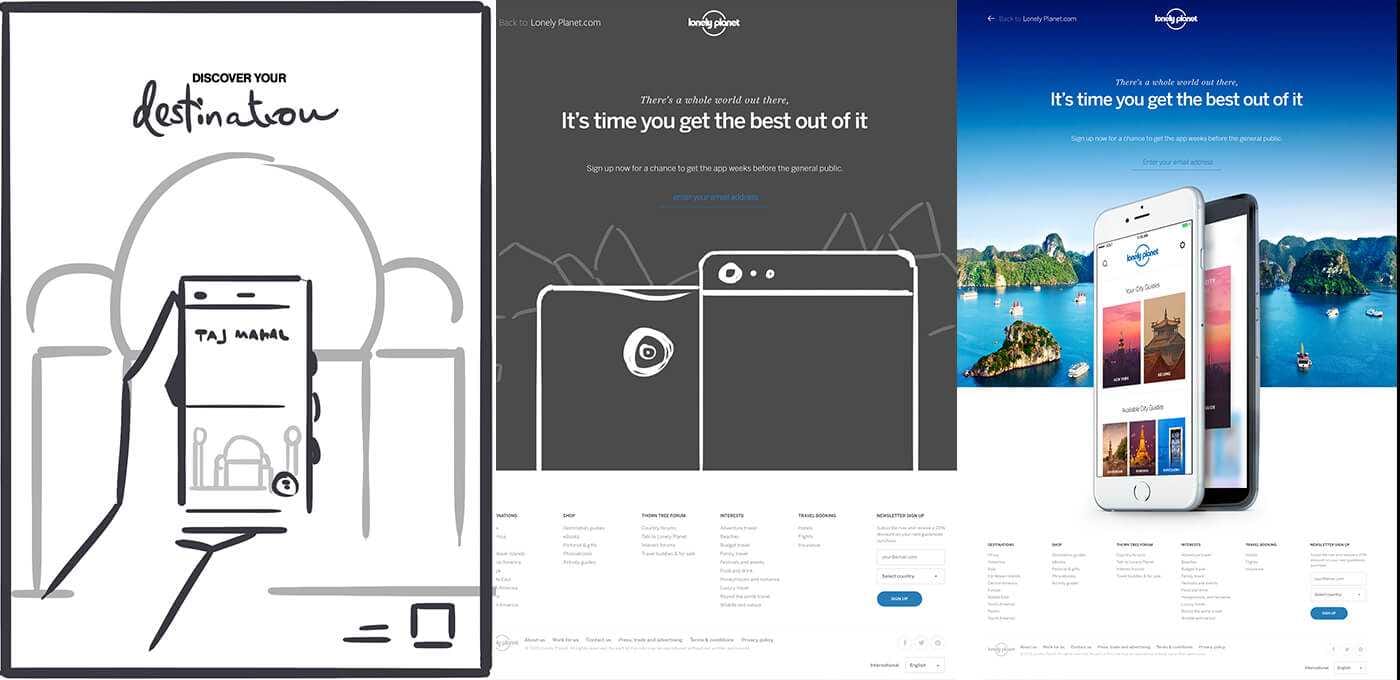 Triptych travel promo: left a sketch of a phone over a backpack; middle a dark banner with device outlines; right bright phone ads over island imagery