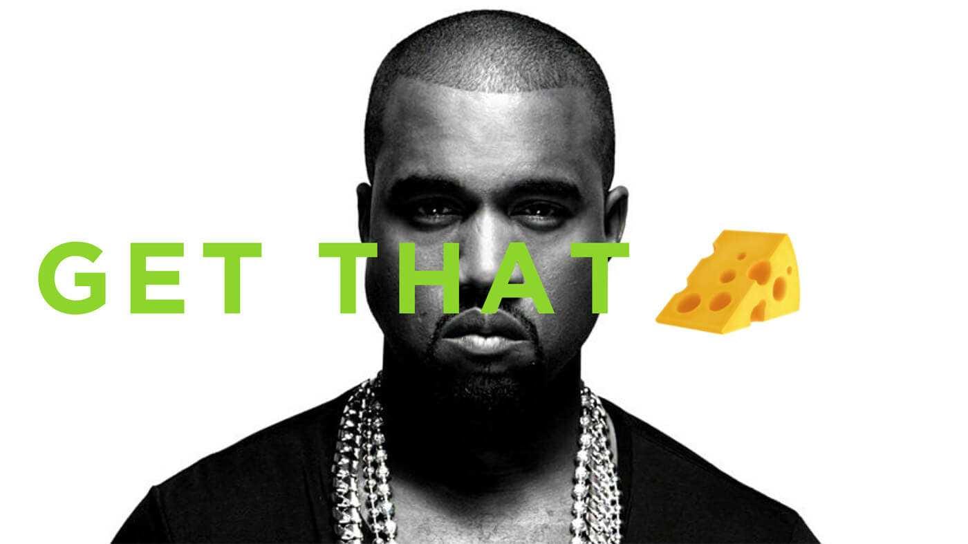 Black-and-white portrait of a person with short hair and chains, with bright green text “GET THAT” across the face and a cheese wedge emoji on the right.