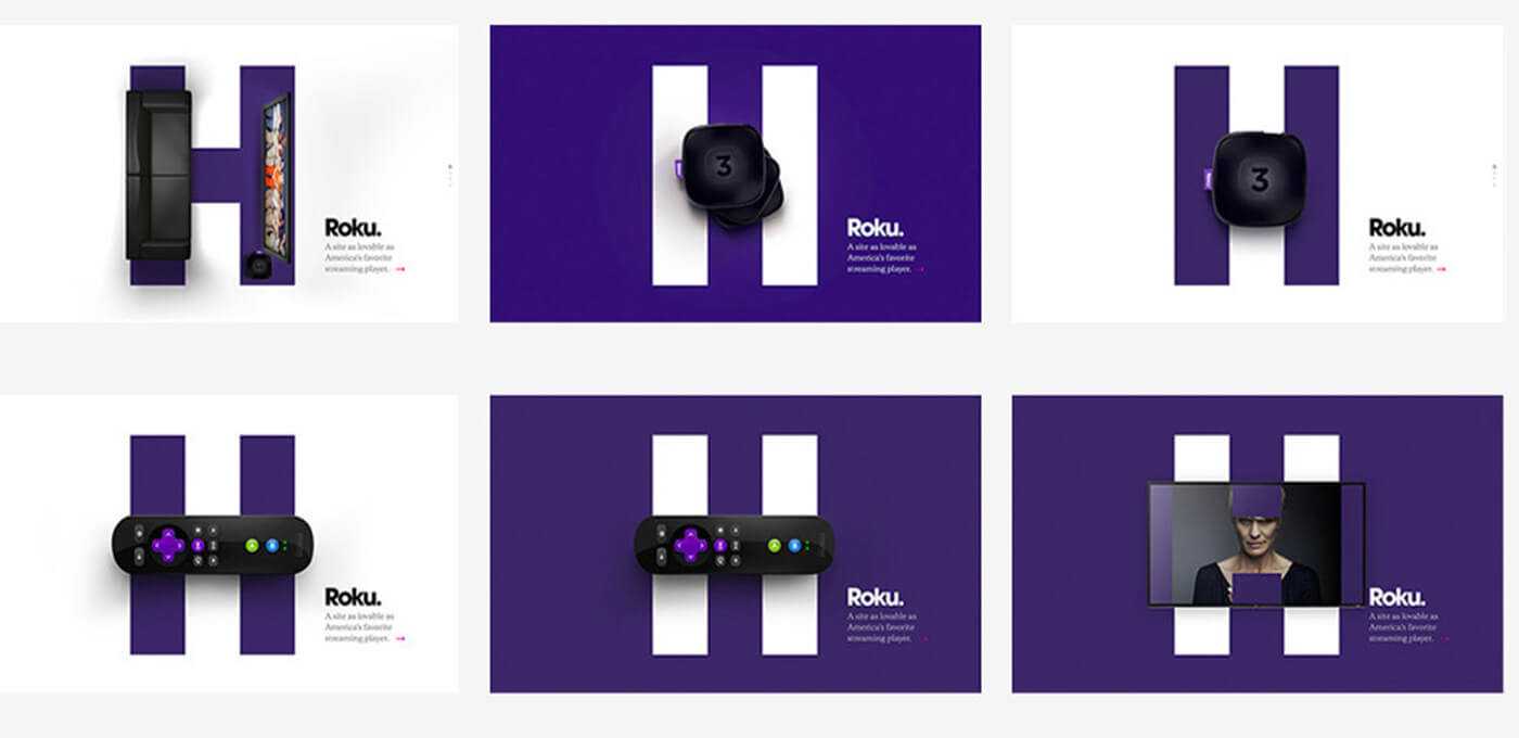 Six Roku ad panels featuring a bold purple H motif and different Roku devices against white or purple backgrounds with the Roku logo.