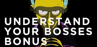 A stylized, menacing figure with a yellow-green face and clasped hands, wearing purple, overlaid by bold white text 'UNDERSTAND YOUR BOSSES BONUS' on black.