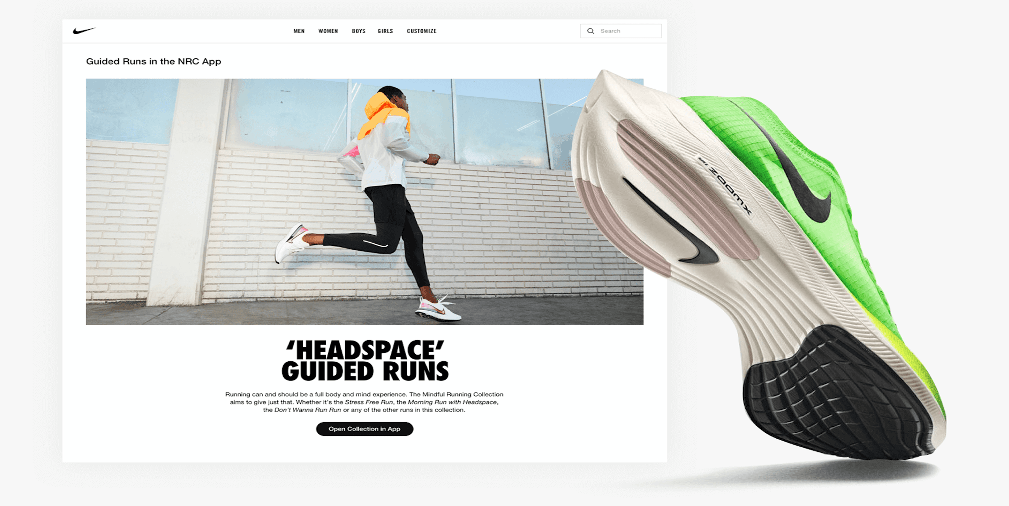 A bright green and black Nike running shoe is angled in the foreground, with its sole facing the viewer. In the background, a web page for "Guided Runs in the NRC App" is displayed, featuring a female runner in an orange hoodie and black leggings mid-stride, with the headline "'HEADSPACE' GUIDED RUNS."