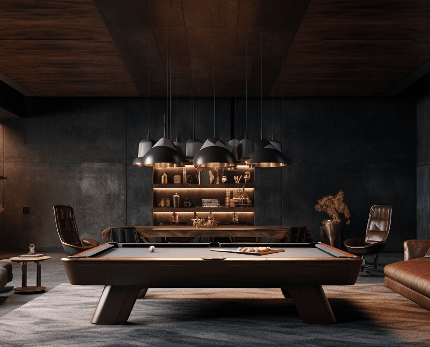 Luxurious dark game room with a brown pool table under black pendant lights, dark walls and ceiling, warm-lit shelves, leather chairs, and a sofa.