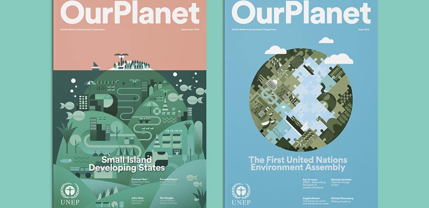 Two OurPlanet magazine covers side by side: left shows a pink top half with a green island illustration; right shows a blue cover with a circular mosaic globe.