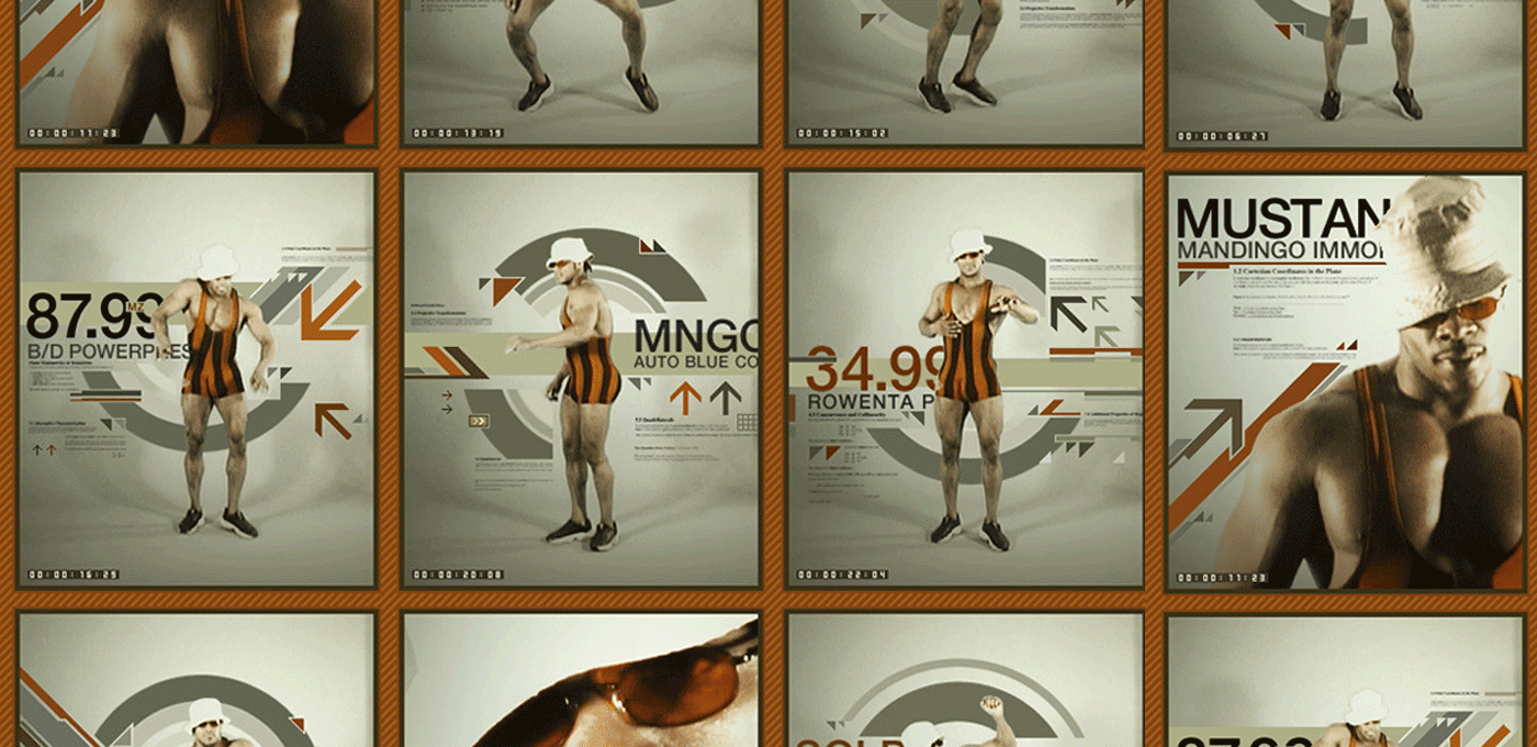 Collage of poster panels featuring a person in an orange-and-black striped outfit posing against gray geometric graphics and arrows.