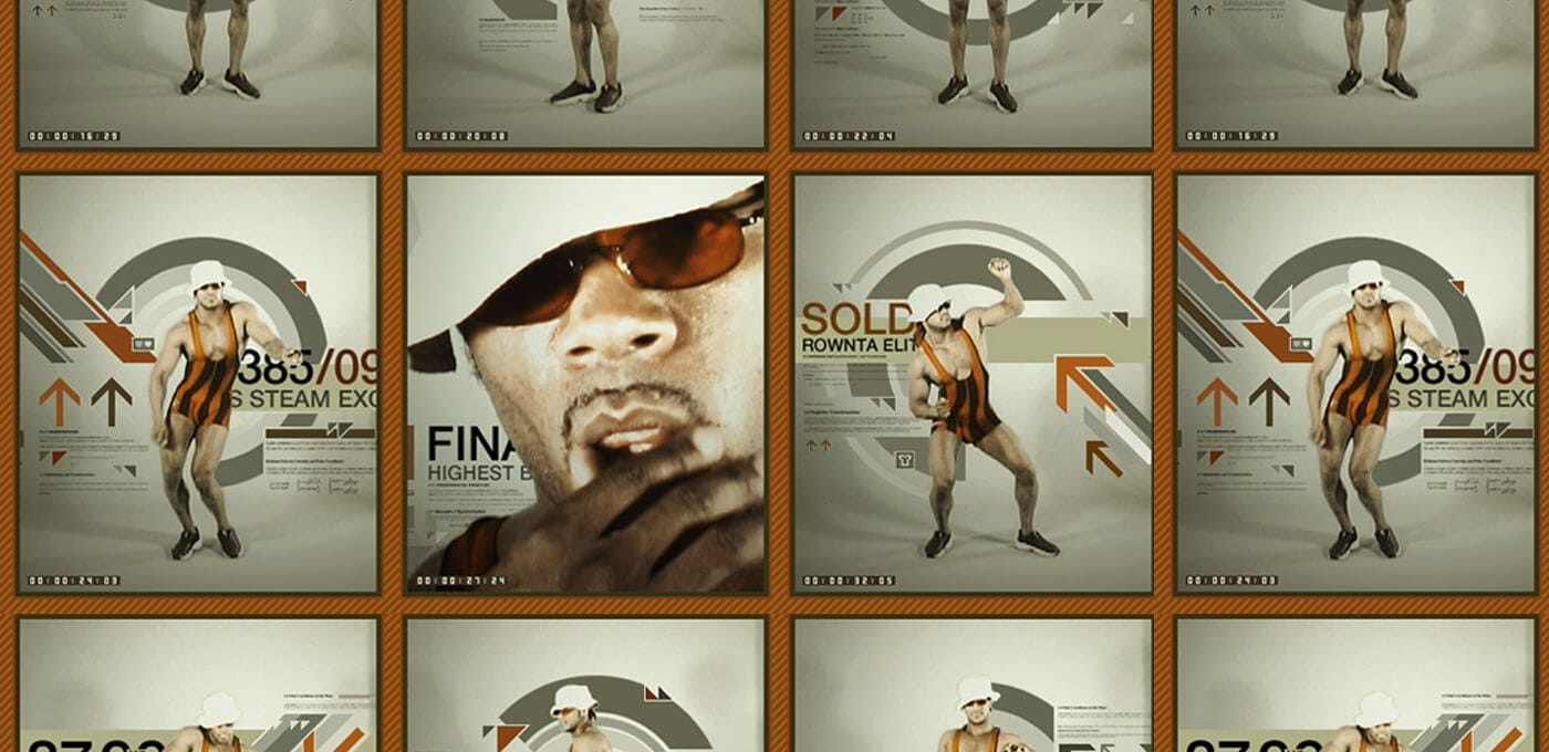 Grid of twelve posters showing a muscular person in an orange striped singlet, white cap, sunglasses, with abstract geometric graphics.