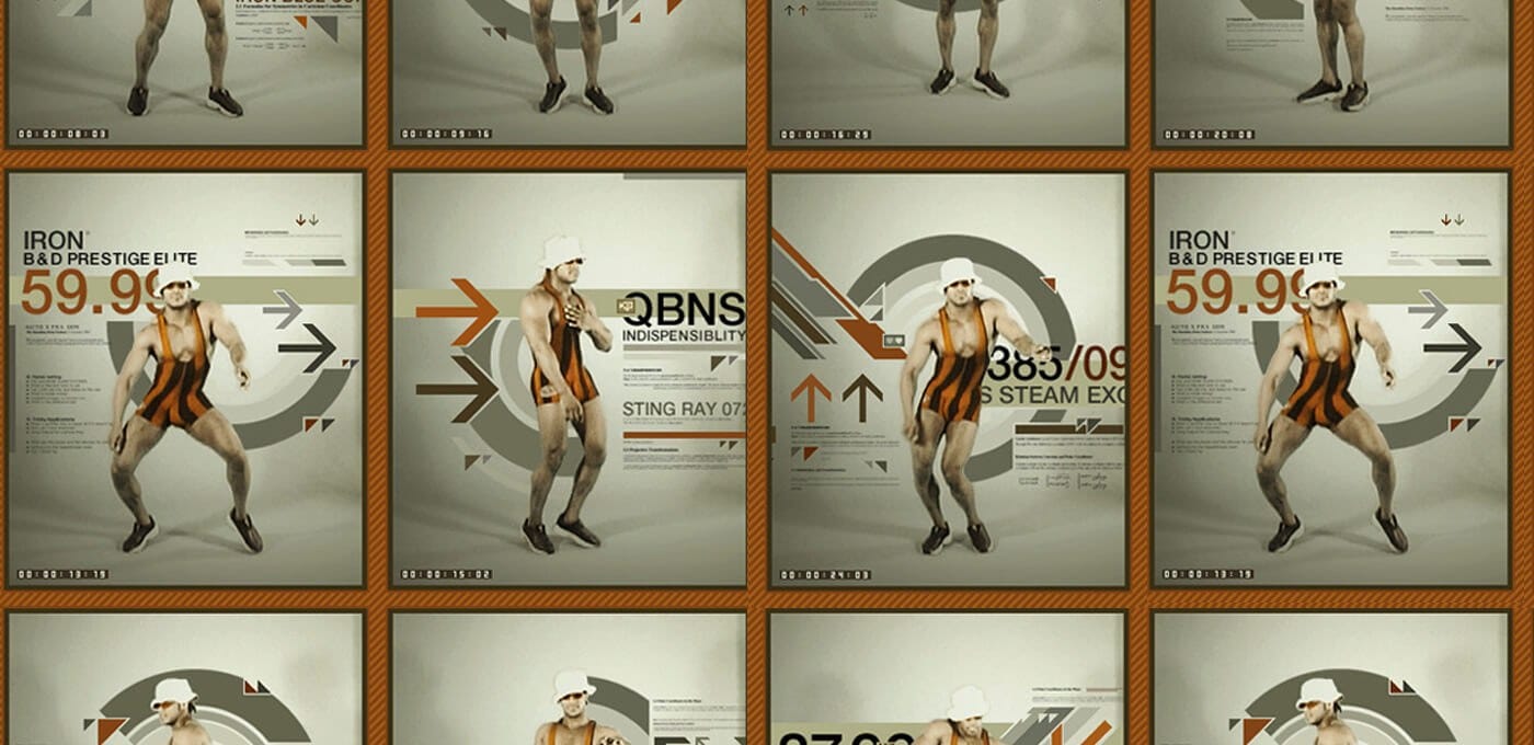 Grid of retro posters featuring a muscular figure in an orange-and-black striped singlet with a white helmet, set against arrows and circular graphics.