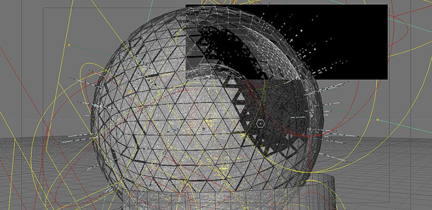 Grayscale geodesic sphere on a pedestal in a 3D workspace with a grid floor, triangular facets, surrounded by colorful looping lines and a black inset panel.