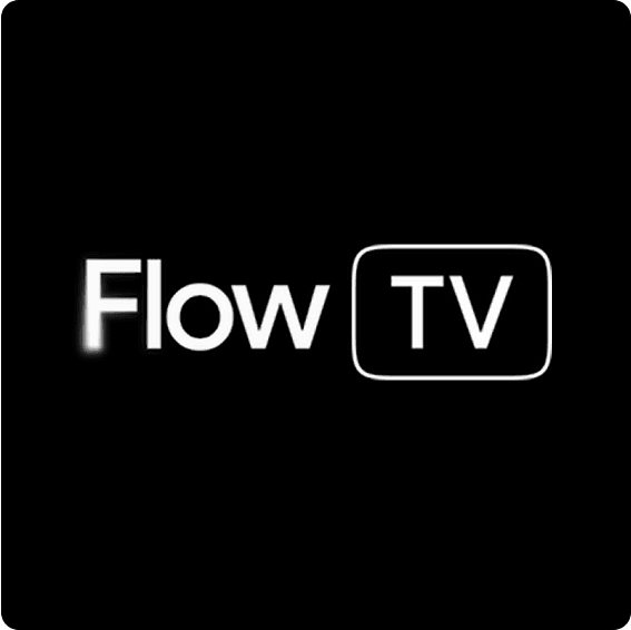 Flow TV logo on a black background: the word Flow in white, followed by a rounded white-outline rectangle containing TV.