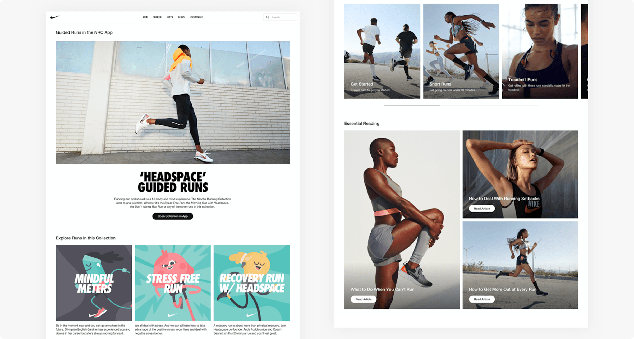 A side-by-side comparison of two web page designs for the Nike Run Club (NRC) app. The left page features "HEADSPACE' GUIDED RUNS" with a large image of a female runner and an "Explore Runs in this Collection" section with illustrated tiles for "MINDFUL METERS," "STRESS FREE RUN," and "RECOVERY RUN W/ HEADSPACE." The right page displays sections for "Get Started," "Essential Reading" with articles and images of athletes, including titles like "How to Deal With Running Setbacks" and "How to Get More Out of Every Run."