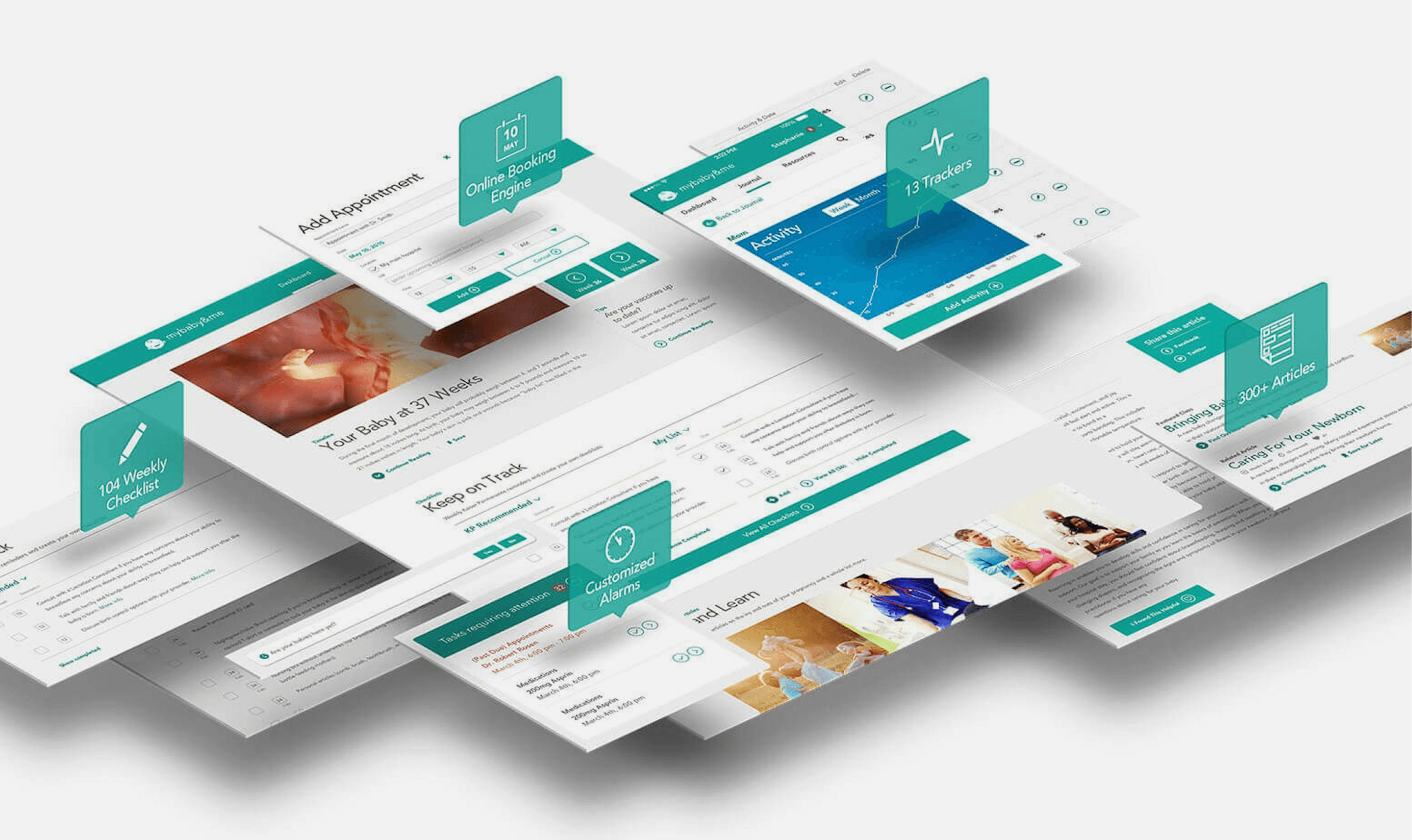 Isometric collage of teal-accented UI screens floating above a light background, showing booking, trackers, articles, and customizable alarms.