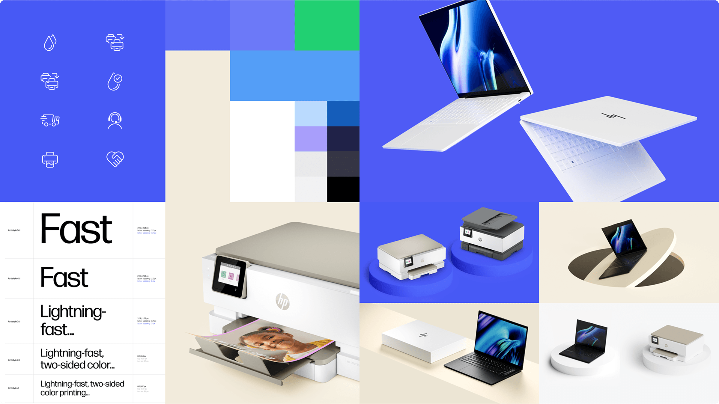 Collage of laptops, printers, color swatches, and bold “Fast” typography on blue and beige blocks, with HP printer and gadget scenes.