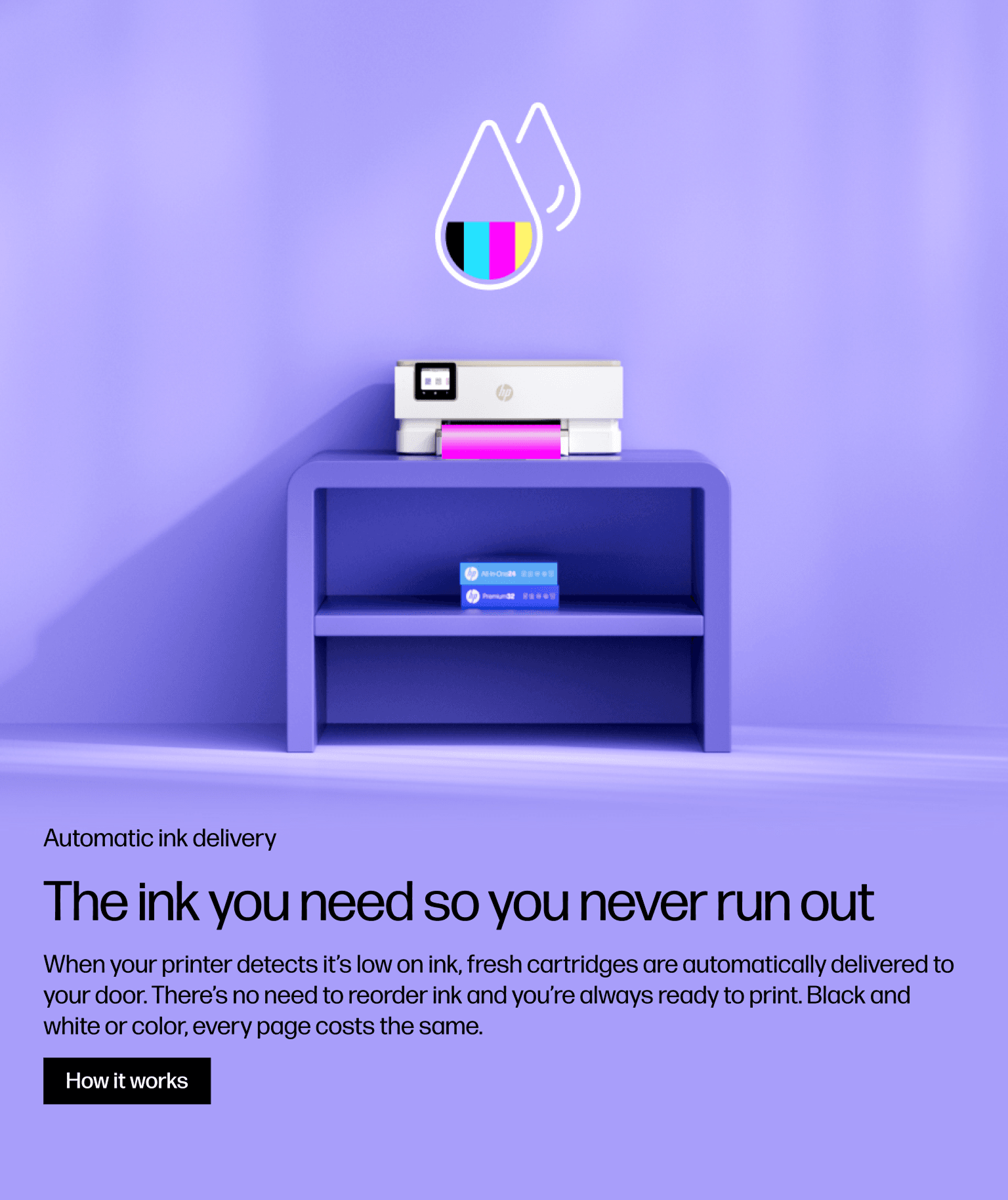 Purple room with a white printer on a purple shelf; ink cartridges rest on the lower shelf beneath, and a white outlined droplet logo with a multicolor bar sits above.