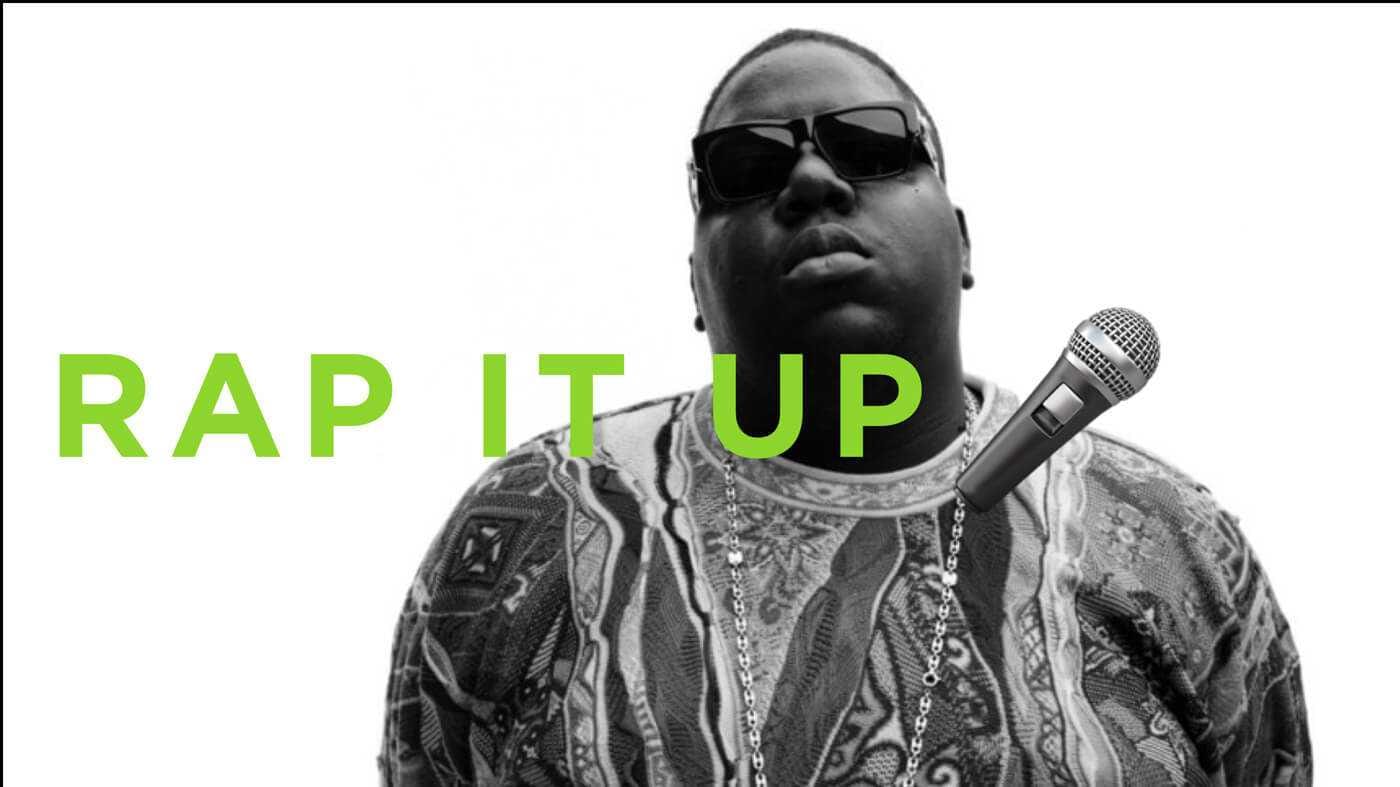 A person wearing dark sunglasses and a patterned shirt holds a microphone, with lime green text reading 'RAP IT UP' across a white background.