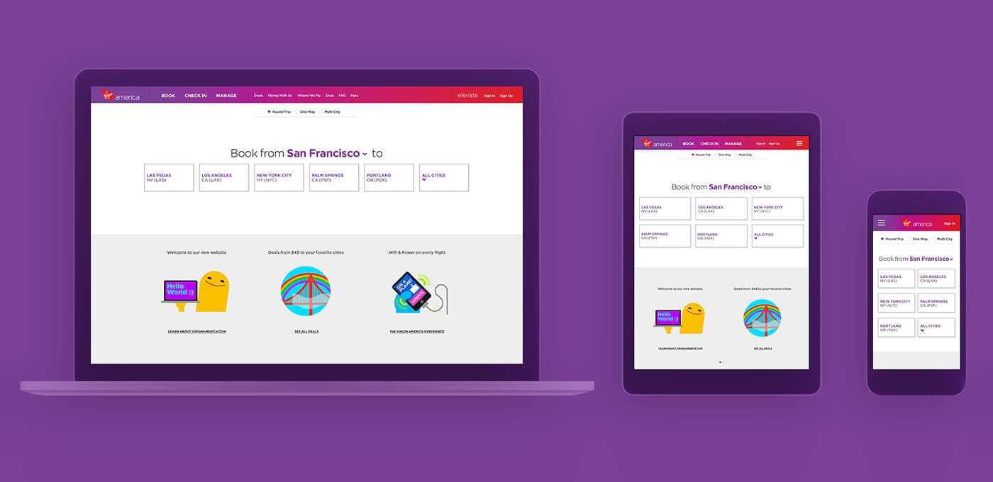 Laptop, tablet, and smartphone on a purple background displaying a flight-booking page with “Book from San Francisco to” and city cards.