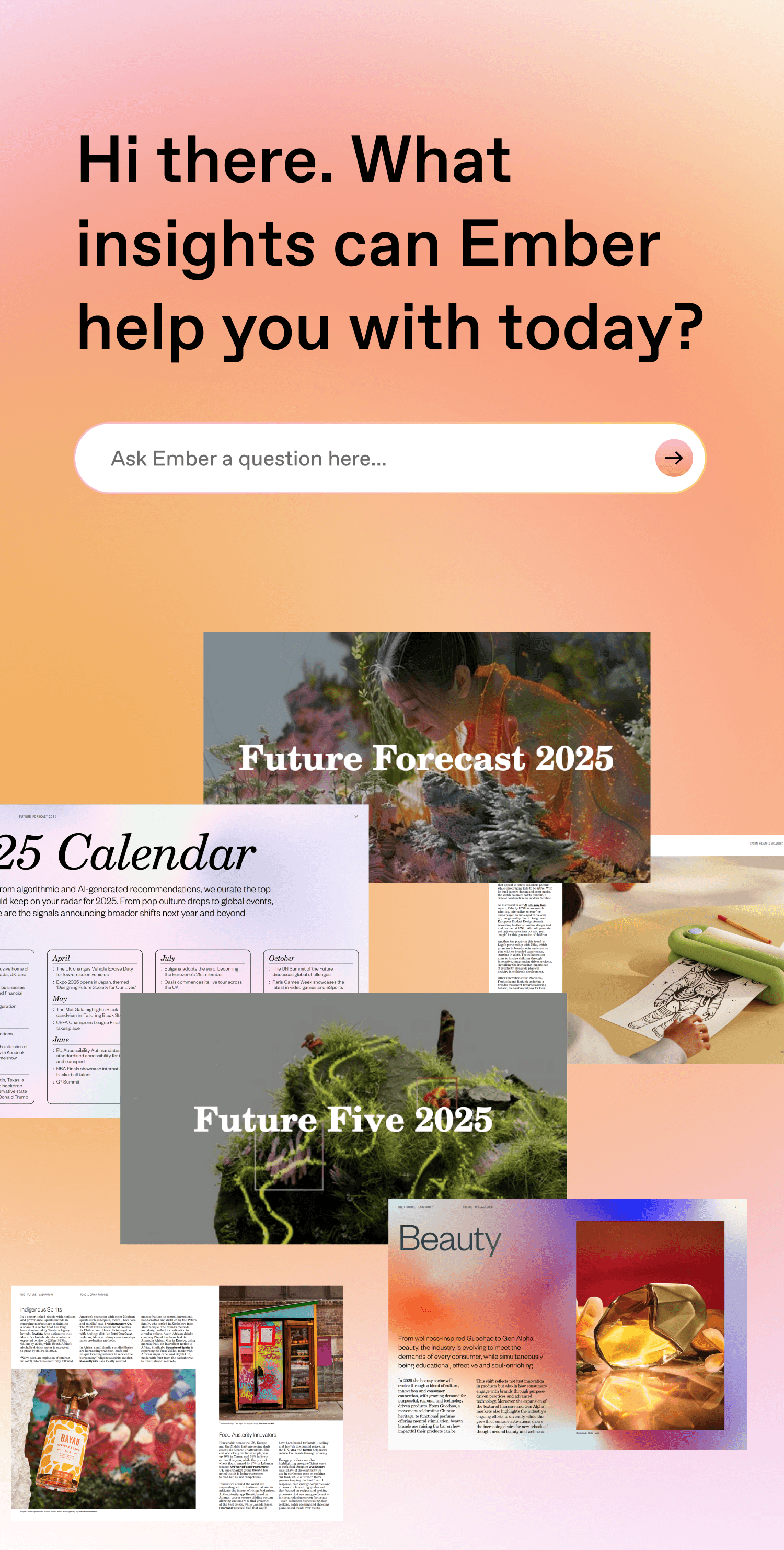 Gradient peach to pink background with bold greeting and rounded search bar; collage of magazine-style previews labeled Future Forecast, Future Five, and Beauty.