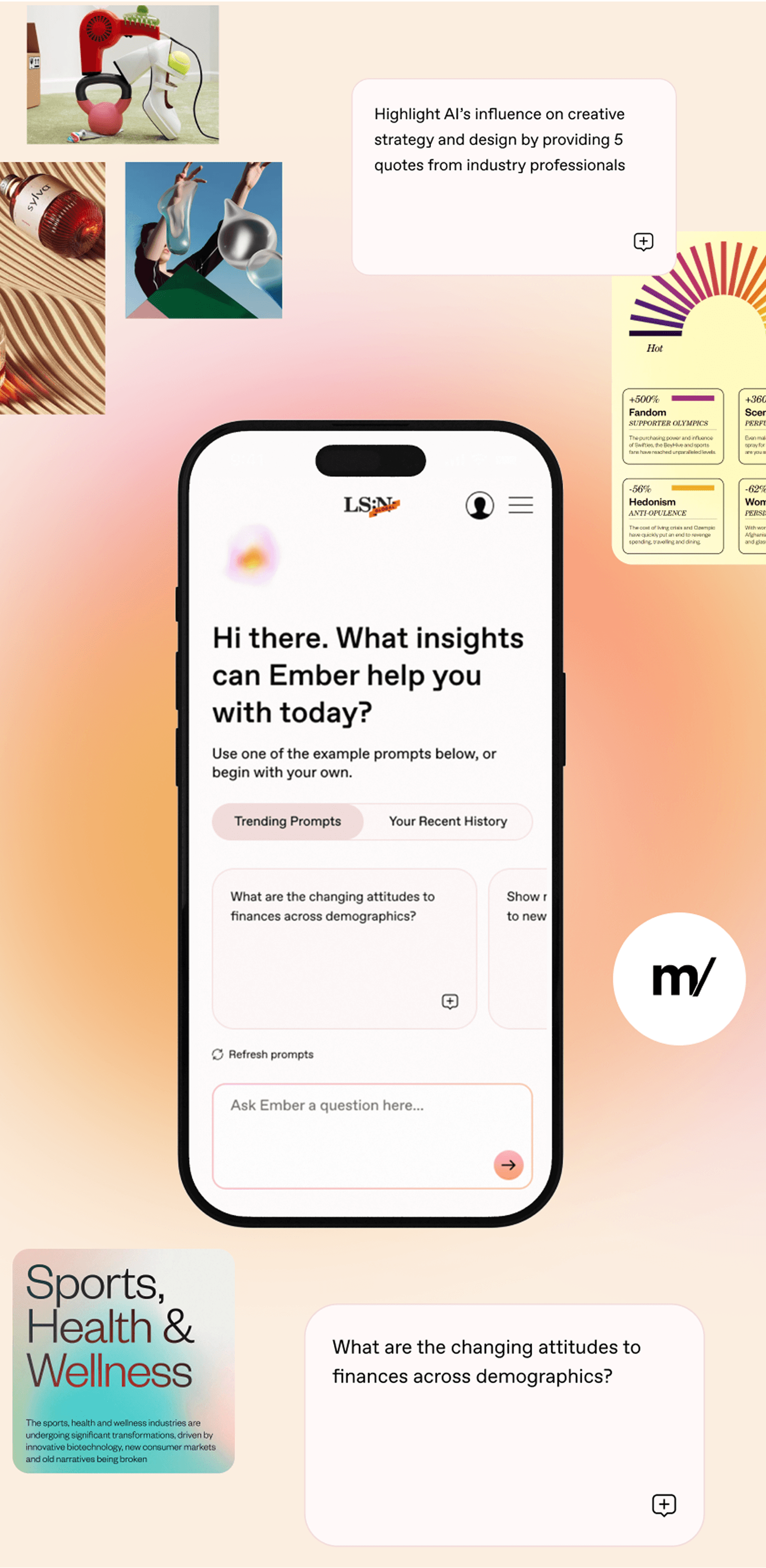 Center smartphone mockup on a peach gradient background, displaying Ember AI prompts, with collage thumbnails around it and a Sports, Health & Wellness card.